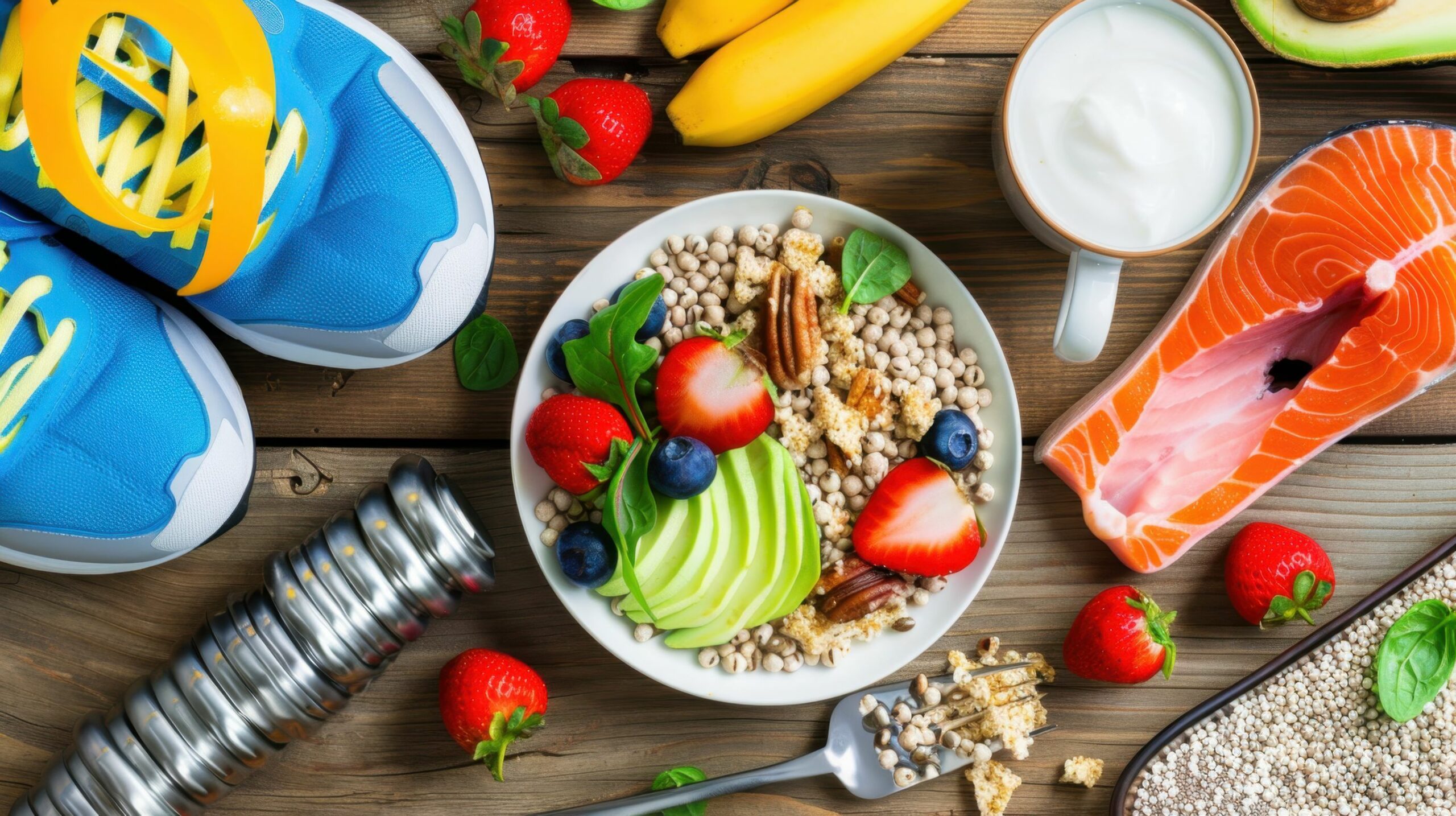 Vibrant arrangement of healthy food featuring fruits, yogurt, and salmon, alongside fitness gear on a rustic wooden table, promoting wellness and nutrition.