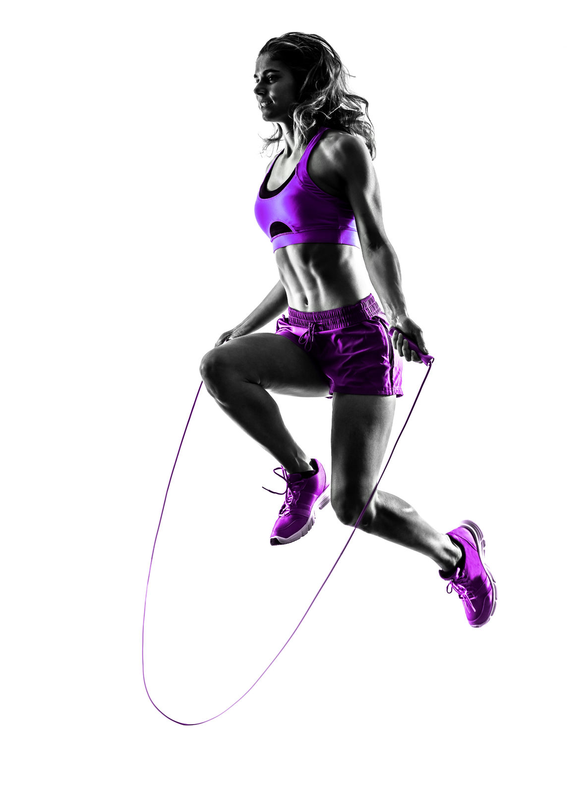 46923396 - one caucasian woman exercising  jumping rope fitness in studio silhouette isolated on white background