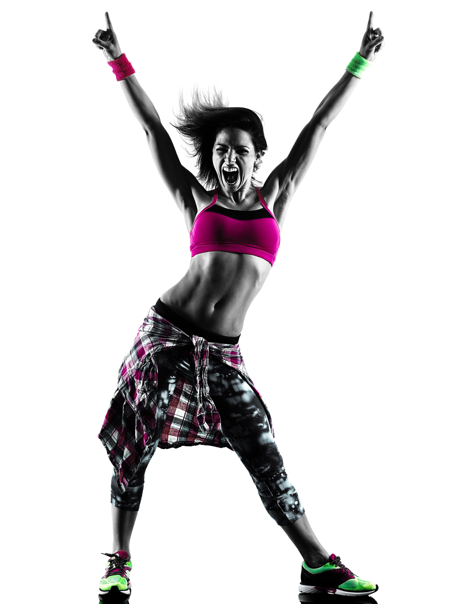 one caucasian woman zumba fitness exercises dancer dancing isolated in silhouette on white background